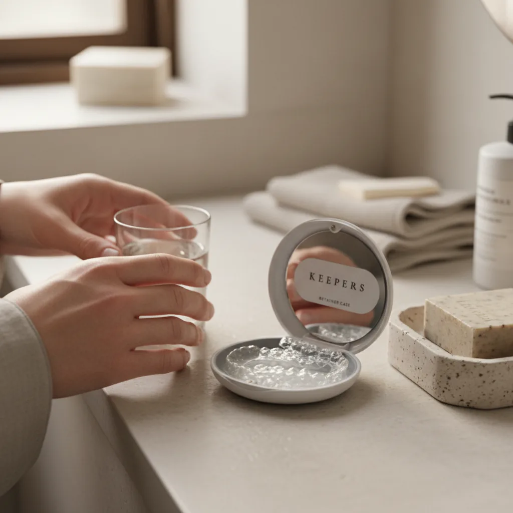 Close-up of a transparent custom dental retainer showing smooth precision trimlines
